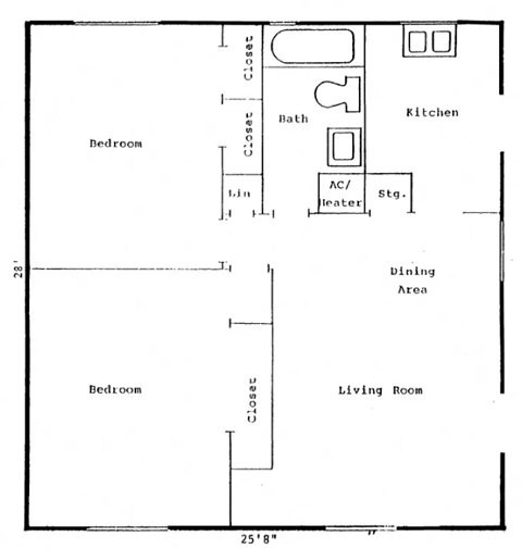 Floor plan for 2 beds, 1 bath, 728 sqft